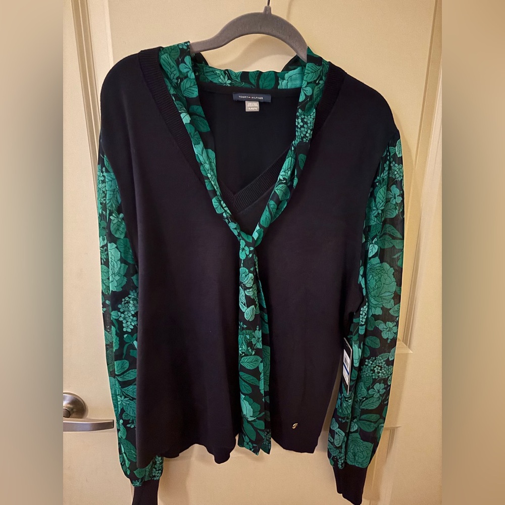 Tommy Hilfiger Black Cardigan with Green Floral Design